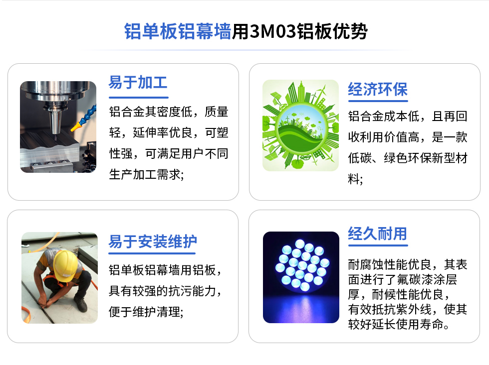 鋁單板鋁幕墻用3M03鋁板優(yōu)勢(shì)
易于加工
鋁合金其密度低，質(zhì)量輕，延伸率優(yōu)良，可塑性強(qiáng)，可滿足用戶不同生產(chǎn)加工需求;
易于安裝維護(hù)
鋁單板鋁幕墻用鋁板具有較強(qiáng)的抗污能力，便于維護(hù)清理;
經(jīng)濟(jì)環(huán)保
鋁合金成本低，且再回收利用價(jià)值高，是一款低碳、綠色環(huán)保新型材料，
經(jīng)久耐用
耐腐蝕性能優(yōu)良，其表面進(jìn)行了氟碳漆涂層厚，耐候性能優(yōu)良，有效抵抗紫外線，使其較好延長(zhǎng)使用壽命。