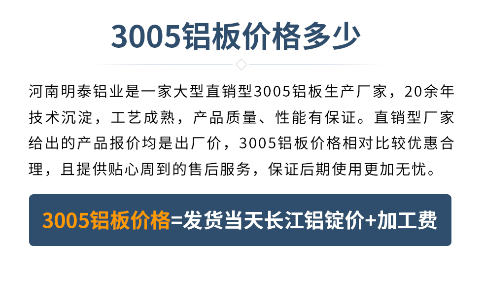 　　3005鋁板價格多少
　　河南明泰鋁業(yè)是一家大型直銷型3005鋁板生產(chǎn)廠家，20余年技術(shù)沉淀，工藝成熟，產(chǎn)品質(zhì)量、性能有保證。直銷型廠家給出的產(chǎn)品報價均是出廠價，3005鋁板價格相對比較優(yōu)惠合理，且提供貼心周到的售后服務(wù)，保證后期使用更加無憂。3005鋁板價格=發(fā)貨當天長江鋁錠價+加工費